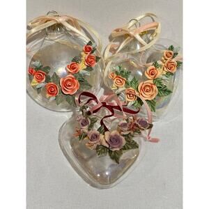 3 Clear Opalescent Glass Ornaments Exquisite porcelain 3D Roses Victorian Love